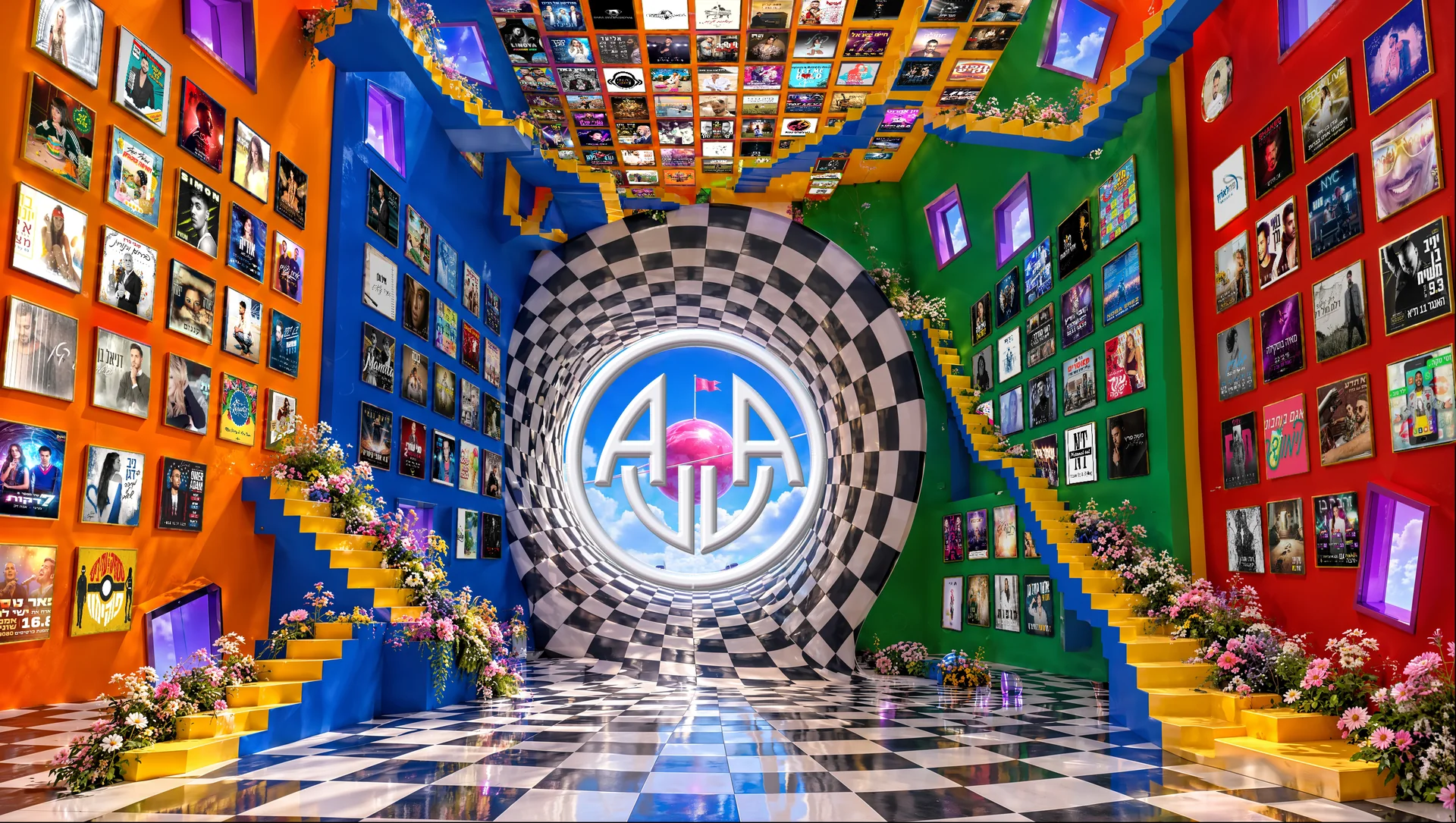 A colourful gallery hall full of album covers, with a checkered tunnel opening through the icon