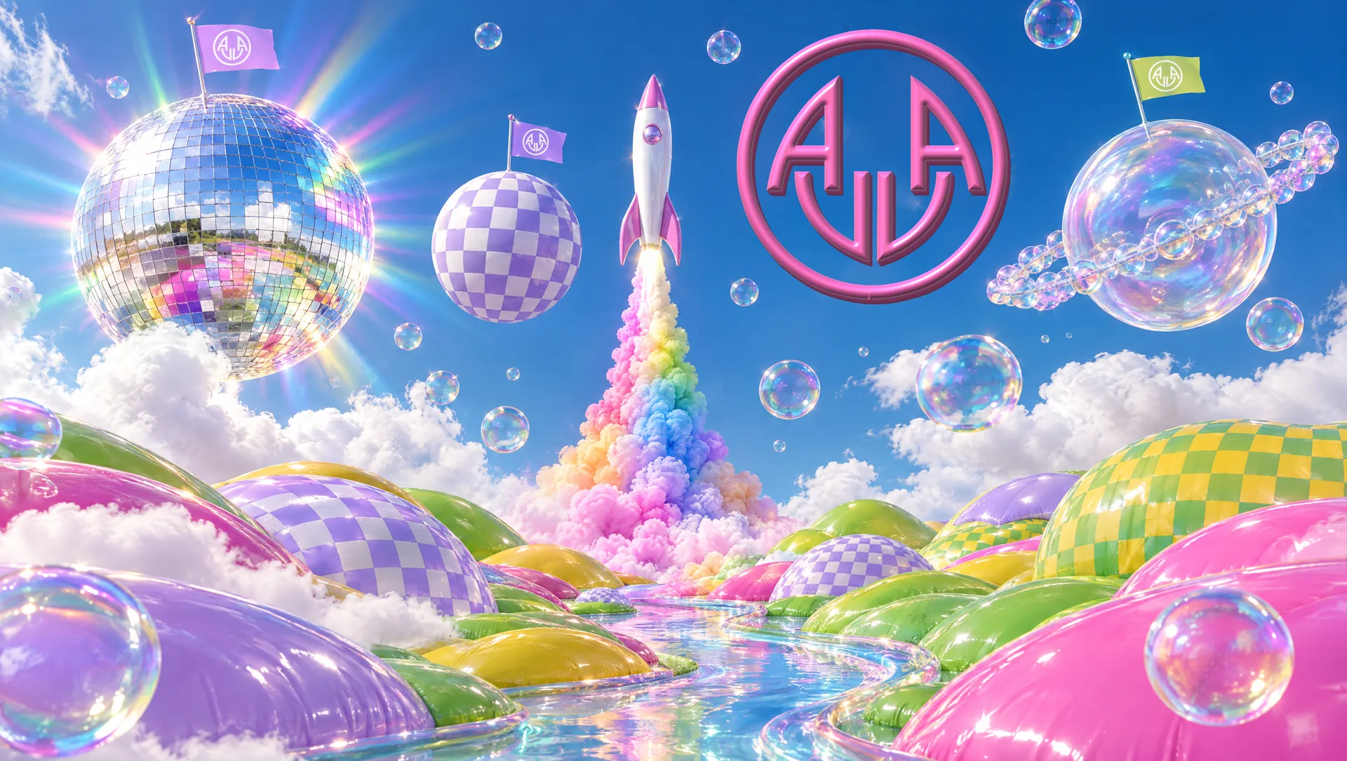 A rocket launching over glossy inflatable hills, planets with flags and the Avoxvision icon as a balloon