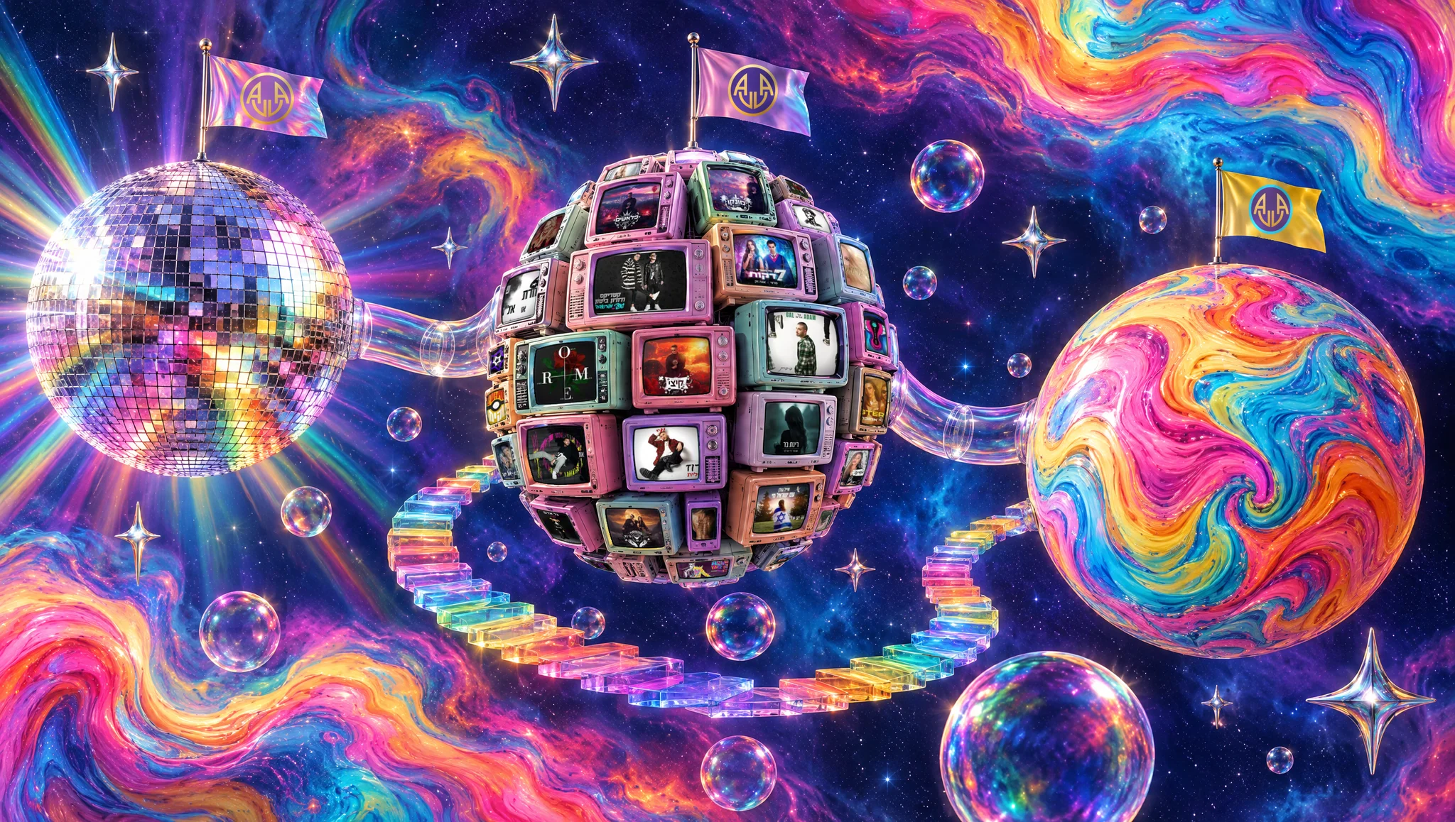 Three planets in psychedelic space: a disco ball, a planet of TVs playing our music videos and a planet of liquid paint