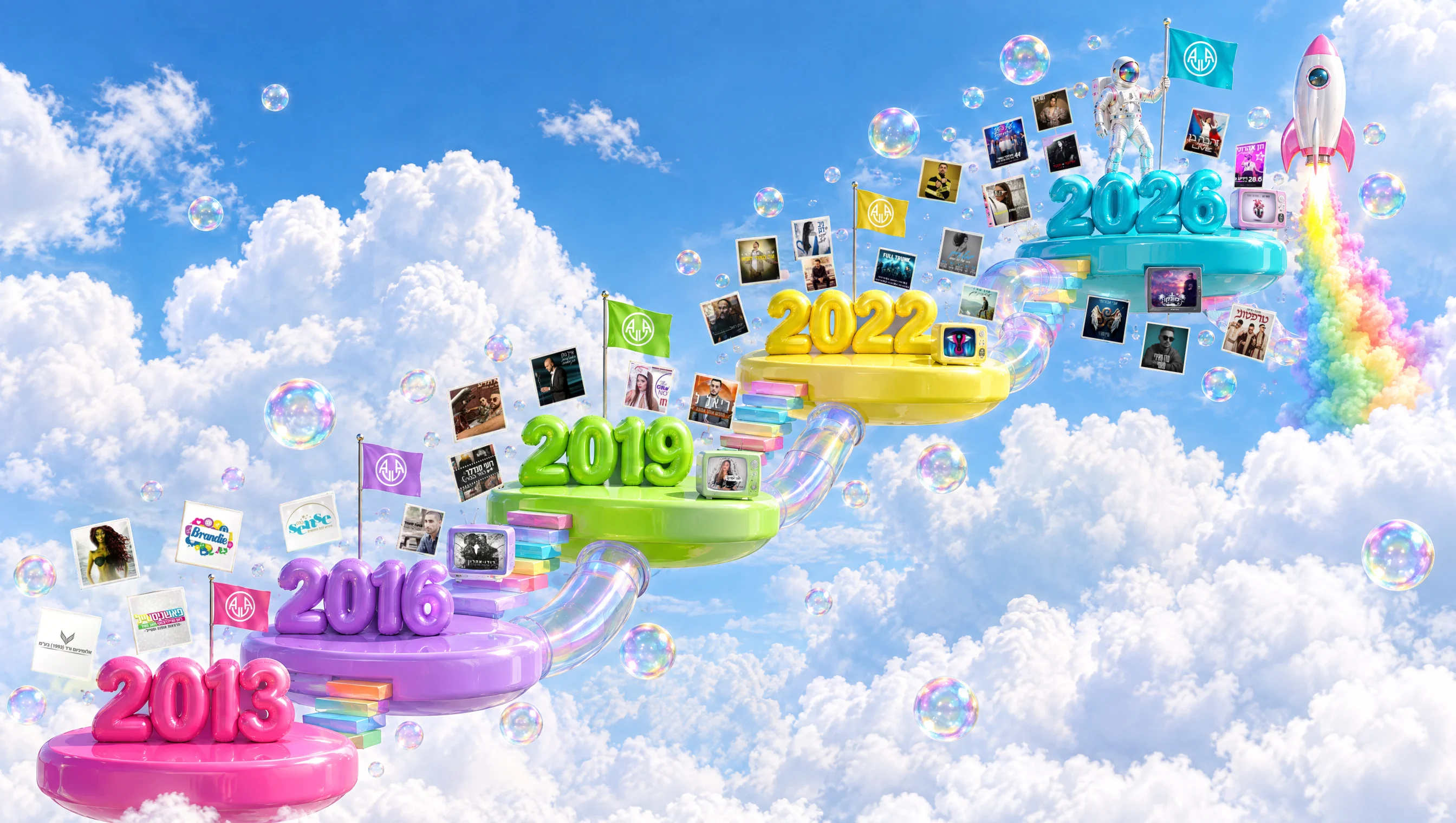 Inflatable platforms in the sky with the years 2013 to 2026, surrounded by our covers and music videos of each era